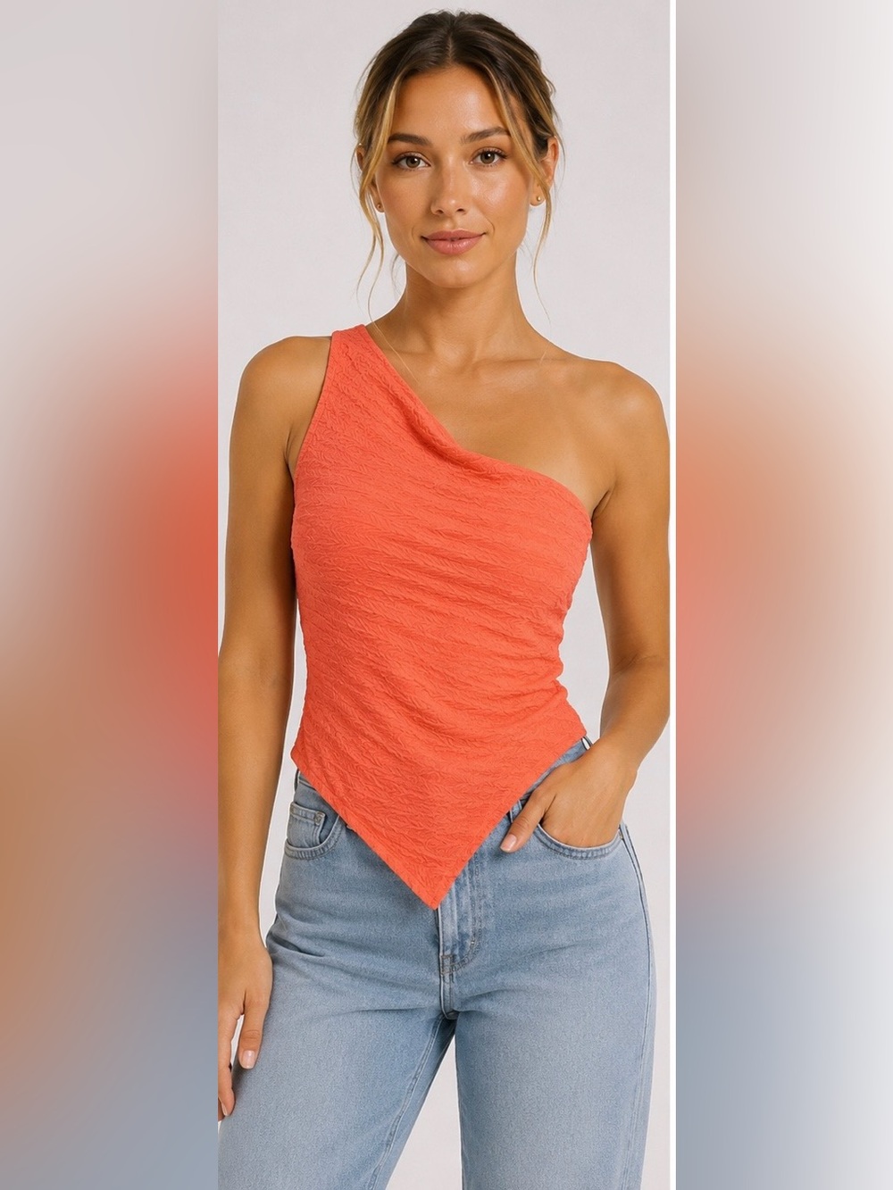 NWT Muy Muy One Shoulder Textured Asymmetrical Coral Top Small